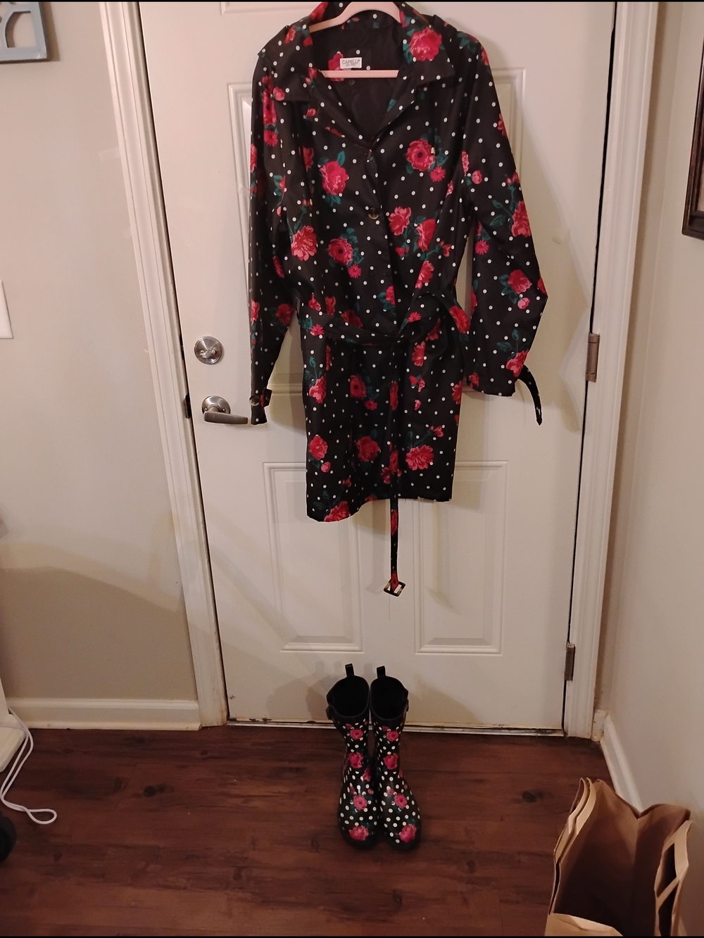 Capelli of New York Black Floral & Polka Dot Tie-Waist Raincoat Matching Boots.
